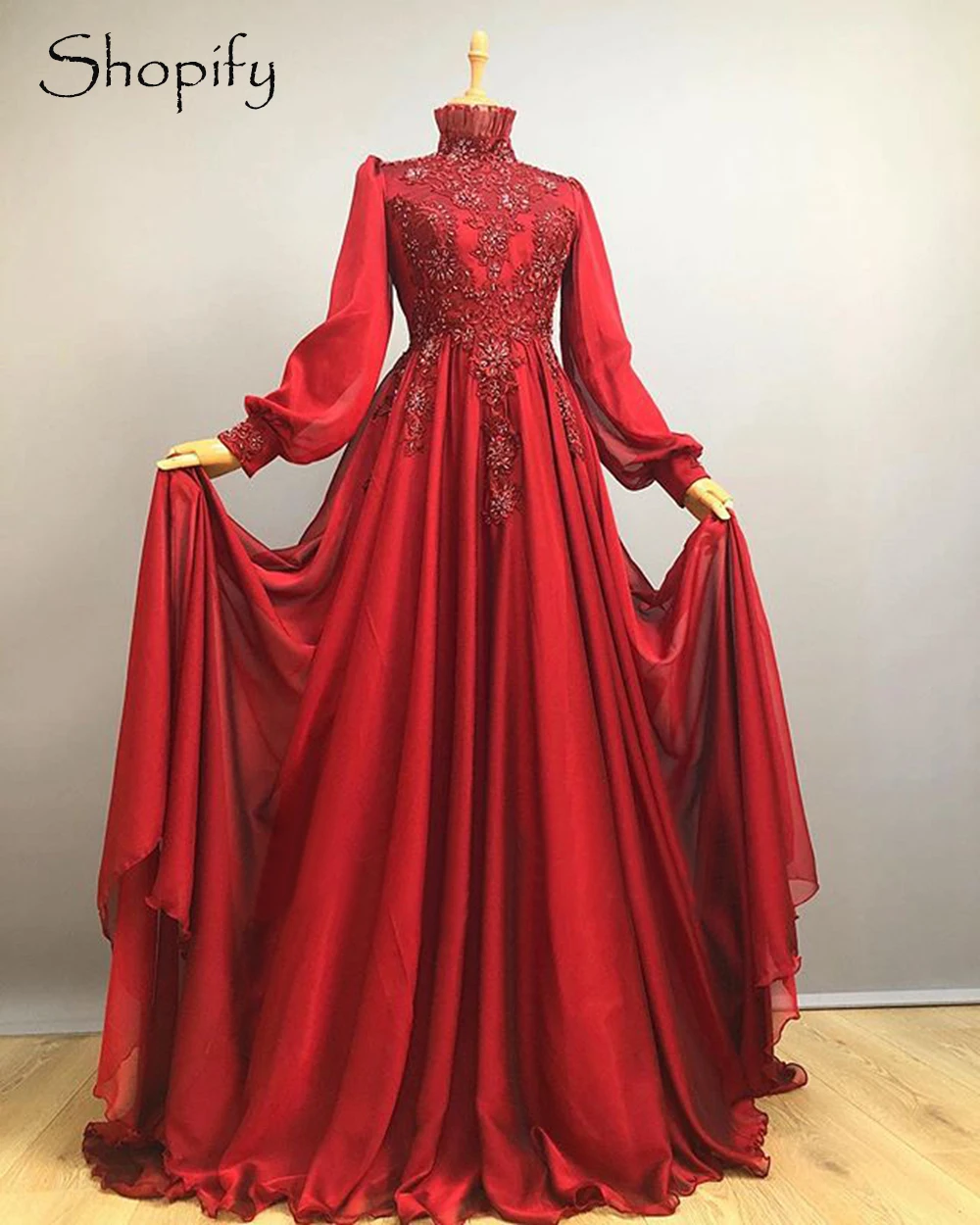 Dlhé Elegantné Večerné Šaty 2020 Vysoká Krku Libanon Dizajn Moslimských Dlhý Rukáv Dubaj Ženy Červená Šifón Korálkové Formálne Večerné Šaty