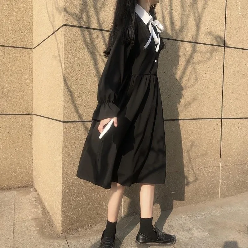 Dlhý Rukáv Šaty Žien Mozaika Lúk Uzol Kawaii Japonskom Štýle All-zápas-line Bežné Denné Dámske Oblečenie Vintage Móda