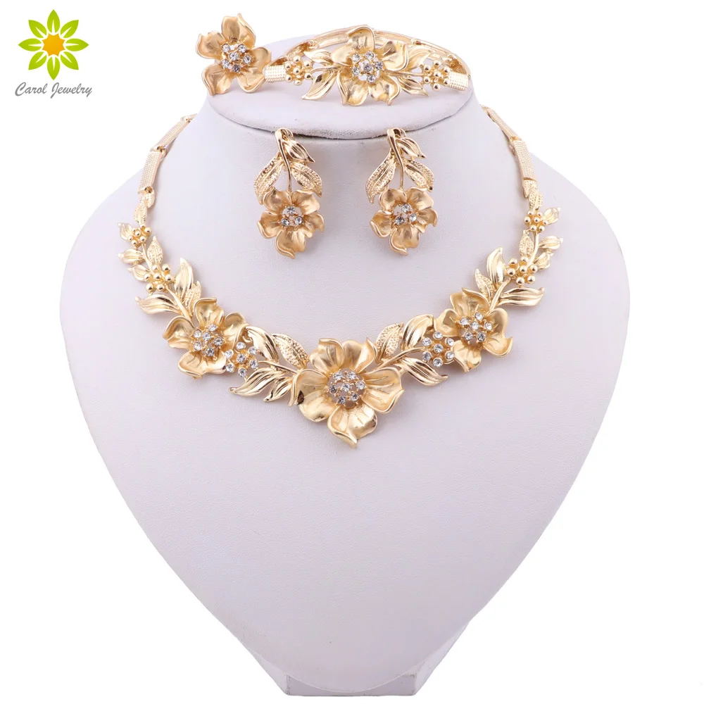 Dubaj Zlatá farba Kvetu Tvar Šperky Sady Ženy Móda Crystal Náhrdelník Náramky, Náušnice, Prsteň Svadba Nevesta Sady