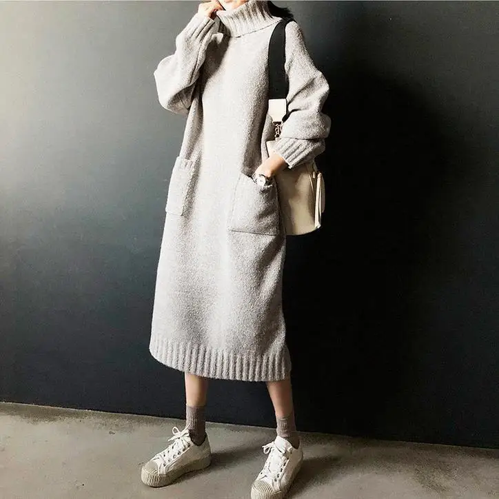 Dámske pletené sveter jednoduché vysoká krku farbou dlhé pletené šaty žien 2020 zimné nový sveter
