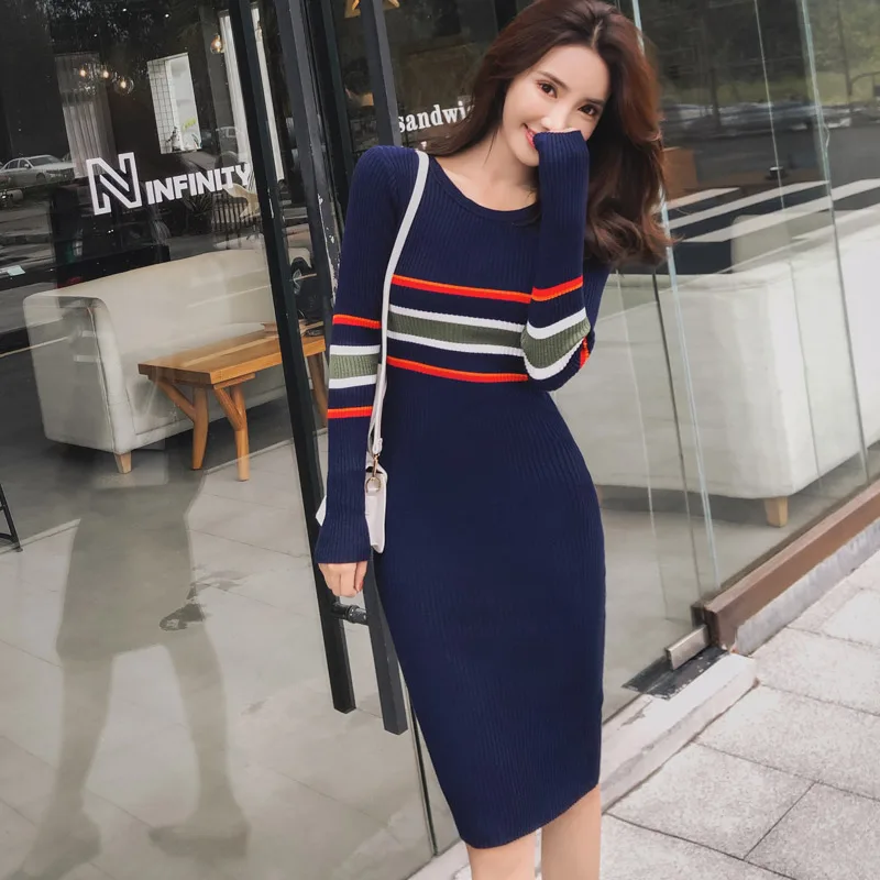 Dámske šaty 2020 jeseň nový kórejský temperament tenký úplet, farba zodpovedajúce prekladané hip sveter klesnutie šaty