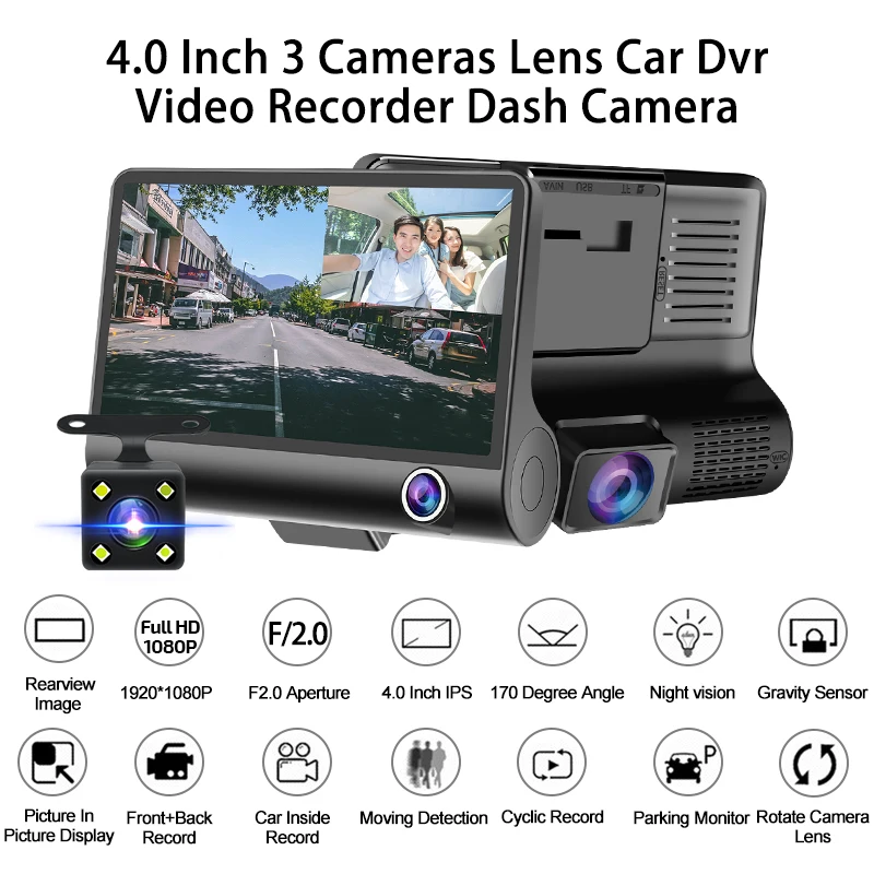E-ACE 4.0 Inch Dash Fotoaparát, FHD 1080P Dashcam Tri Objektív Fotoaparátu Video Rekordér S parkovacia Kamera Registrator Auta Dvr