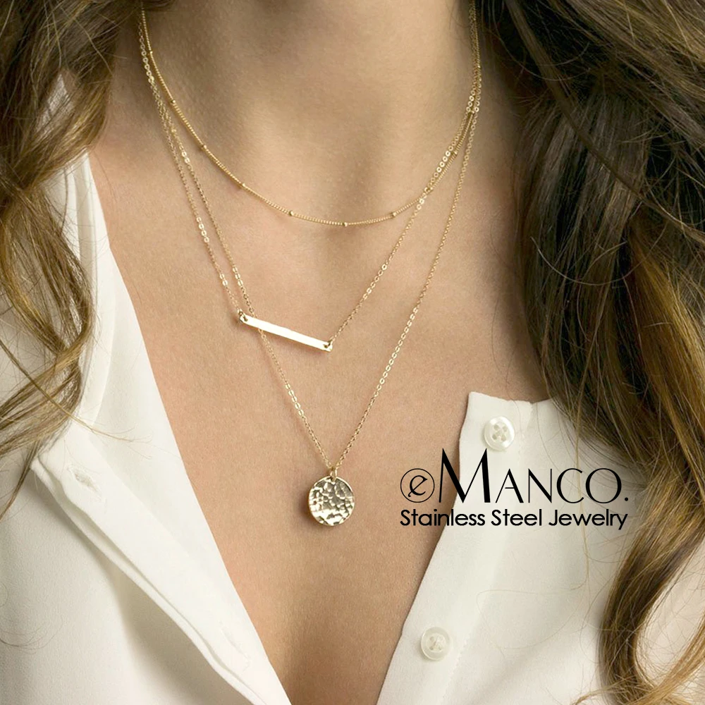 E-Manco Trendy Tromi Vrstvami Náhrdelník ženy z nehrdzavejúcej Ocele Náhrdelník pre ženy Jednoduché Reťazca Choker Náhrdelník Šperky