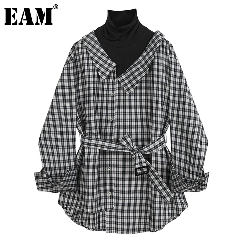[EAM] Ženy Čierny Kockovaný Nepravidelný Veľké rozmery, Blúzky, Nové Turtleneck Dlhý Rukáv Voľné Nosenie Tričko Fashion Jar Jeseň 2021 1DC015