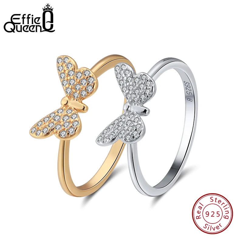 Effie Kráľovná Reálne 925 Sterling Silver Krúžky Pre Ženy Motýľ Tvar S AAA Zirkón Silver/Gold-farba Krúžok Ženské Šperky BR59