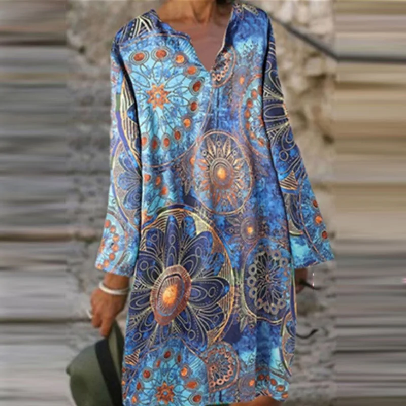Elegantné tvaru Dlhý Rukáv Party Šaty Žien Vintage Tlač-Line Šaty 2020 Jeseň Nové Príležitostné Voľné Dámske Šaty Vestidos 5XL