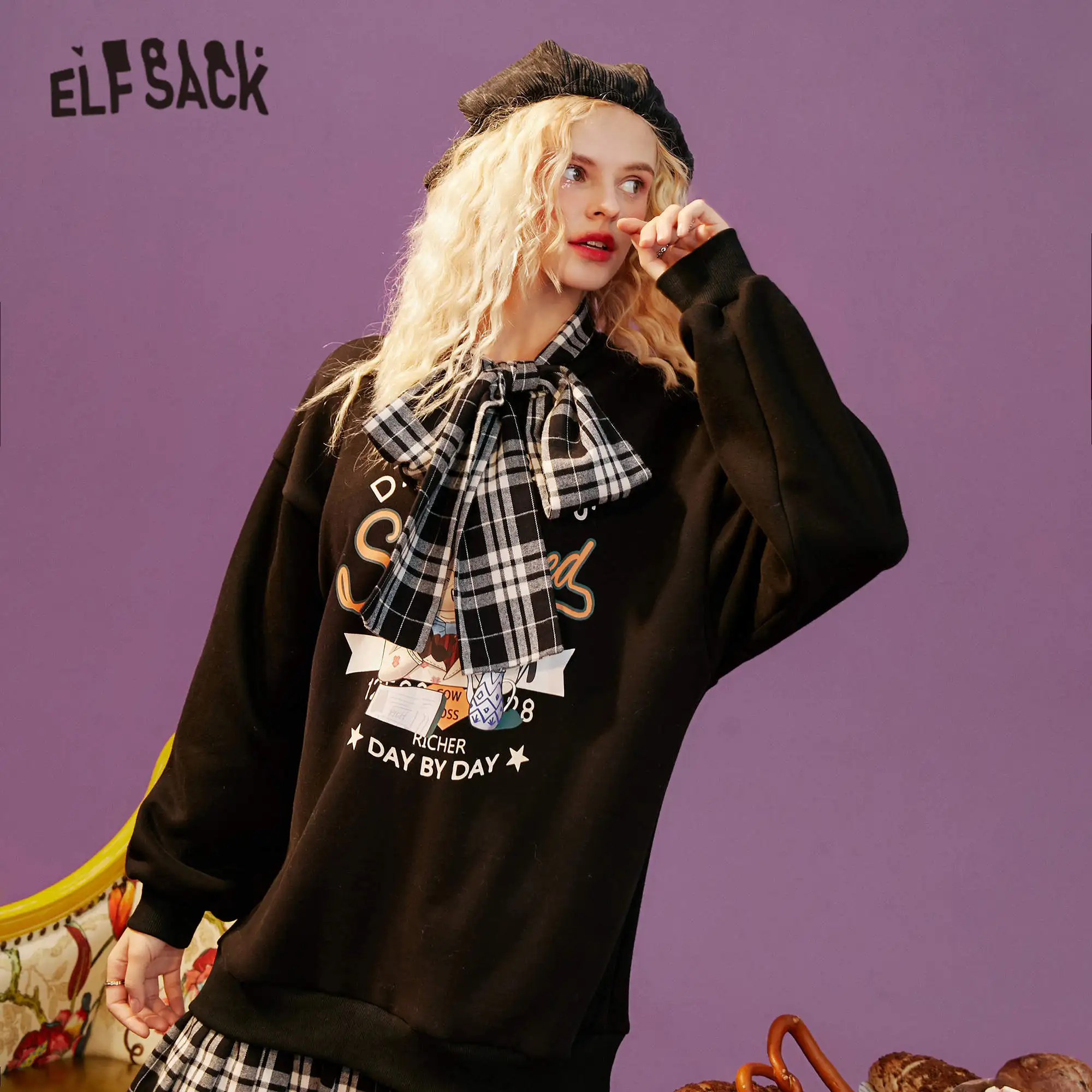 ELFSACK Harajuku Grafické Tlače Luky Výstrihu Bežné Ženy Šaty,2020 Zimné ELF Vintage kórejskej Ženy Denne Preppy 2-V-1 Šaty