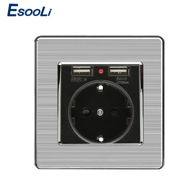 Esooli Black Dual USB Nabíjací Port 5V 2.1 nástenný Nabíjací Adaptér LED Indikátor 16A EÚ Zásuvky elektrickej Zásuvky Nehrdzavejúcej Ocele