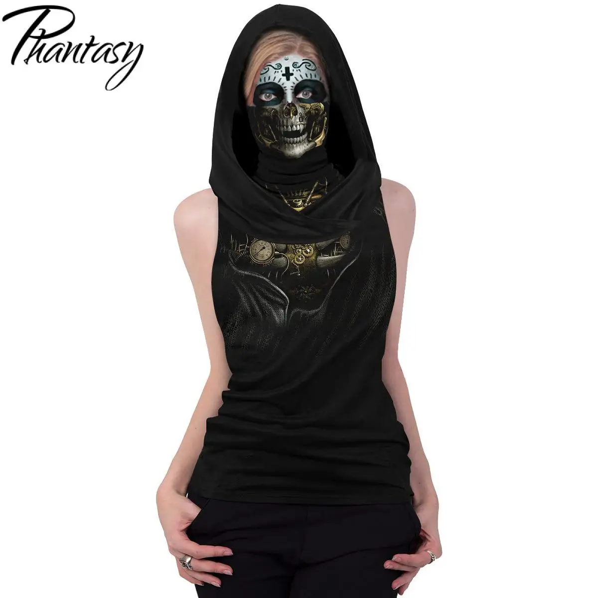 Fantazie Lebky Kostra T-shirts Ženy Tlač Odev s Kapucňou Masku na Tvár Tričko Halloween Cosplay Šatku Topy bez Rukávov Streetwear