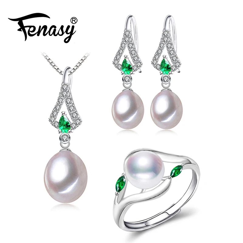 FENASY Pearl Šperky Sady Prírodné Perlový Náhrdelník Pre Ženy Strany Dizajn Smaragdové Náušnice Kvapka Zelené Kamene Prsteň