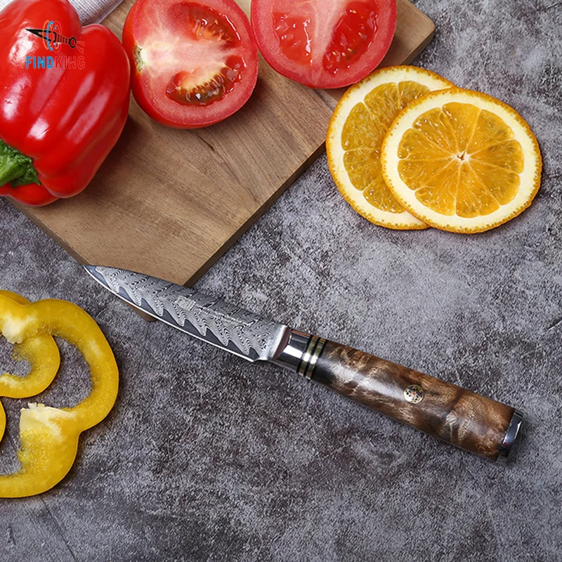 FINDKING 3,5 palcový damasku nôž šípku vzor drevo Sapeli rukoväť AUS-10 damasku ocele frézovanie nôž 67 vrstvy ovocia nože