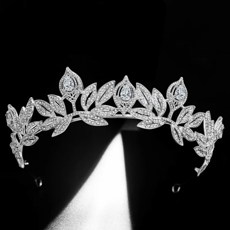 Floralbride Zliatiny Drahokamu Crystal Zirkón Leaf Svadobné Tiara Princezná Koruny Svadobné Vlasy Príslušenstvo Ženy Družičky Šperky