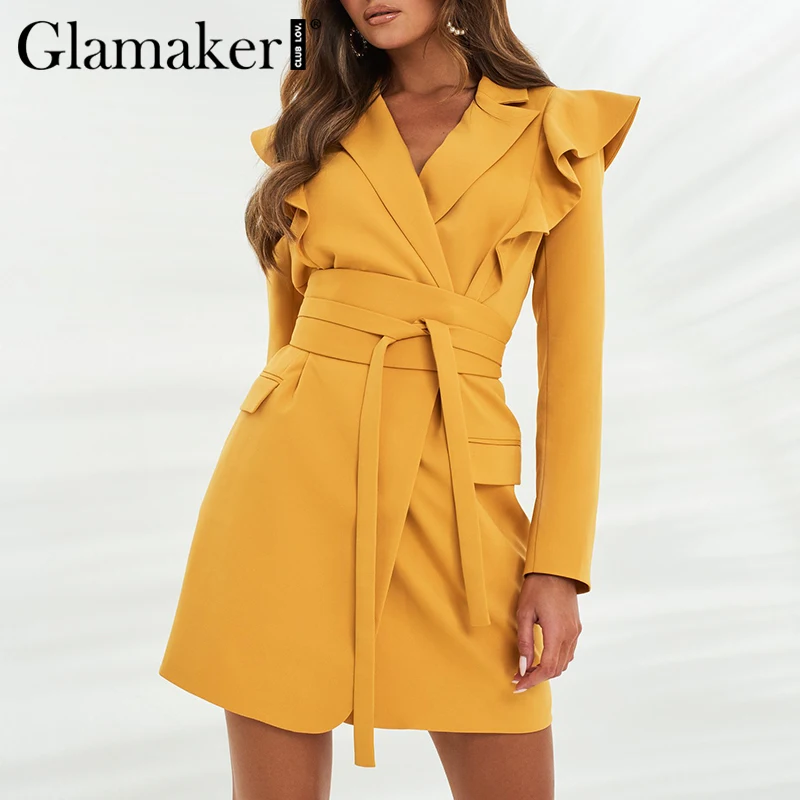 Glamaker Žltá dlhý rukáv elegantné sako šaty Žena volánikmi obväz krátke šaty Bodycon zimné jeseň strany klubu šaty