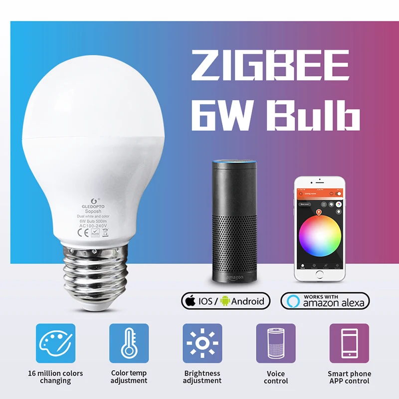 GLEDOPTO LED 6W RGB+SCS Led Žiarovka Zigbee Smart LED Žiarovka E27 AC100-240V WW/CW RGB Led Žiarovka Také Ľahké Duálne Biele A Farebné