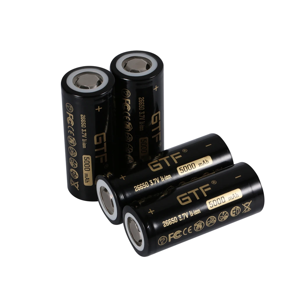 GTF 26650 3,7 V 5000mAh skutočná kapacita Li-Ion Nabíjateľná Batéria pre Baterku UPS záložný zdroj napájania s plochou hlavou batérie