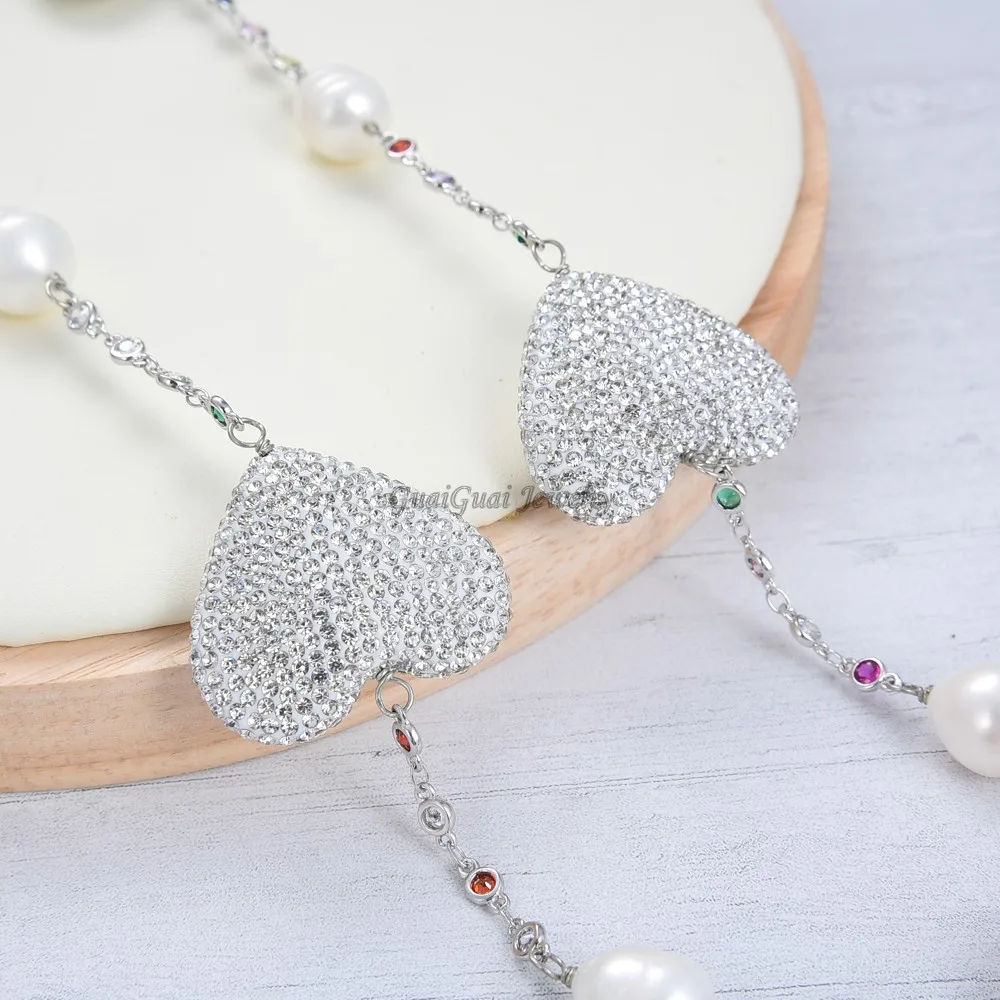 GuaiGuai Šperky, Strieborné Farba Crystal Pripraviť V Tvare Srdca White Pearl Stanice Reťazec Dlhý Náhrdelník