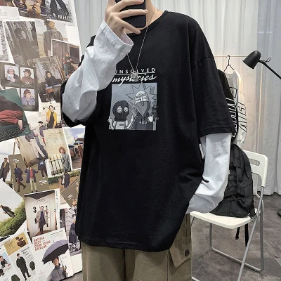 Han Mužov jeseň falošné dva-kus T-shirt kolo krku tlač klesnutie tričko študent príliv značkou top