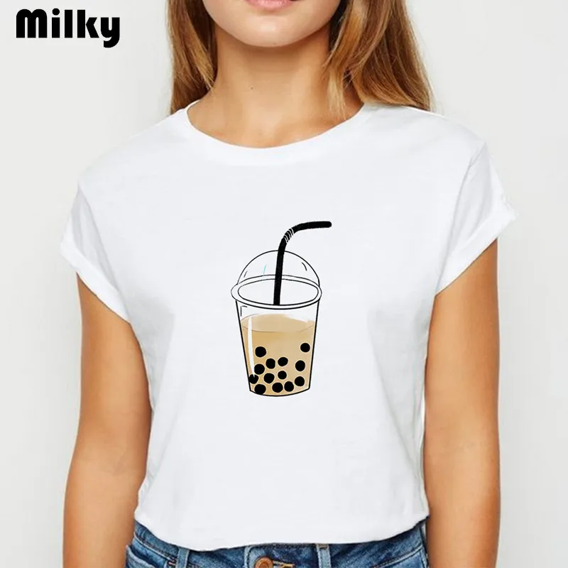 Harajuku kawaii Mačka tlače ženy tričko Letné mlieko čaj ženy tričko 90. rokov ulzzang Krátky Rukáv topy 2020 punk T-shirts
