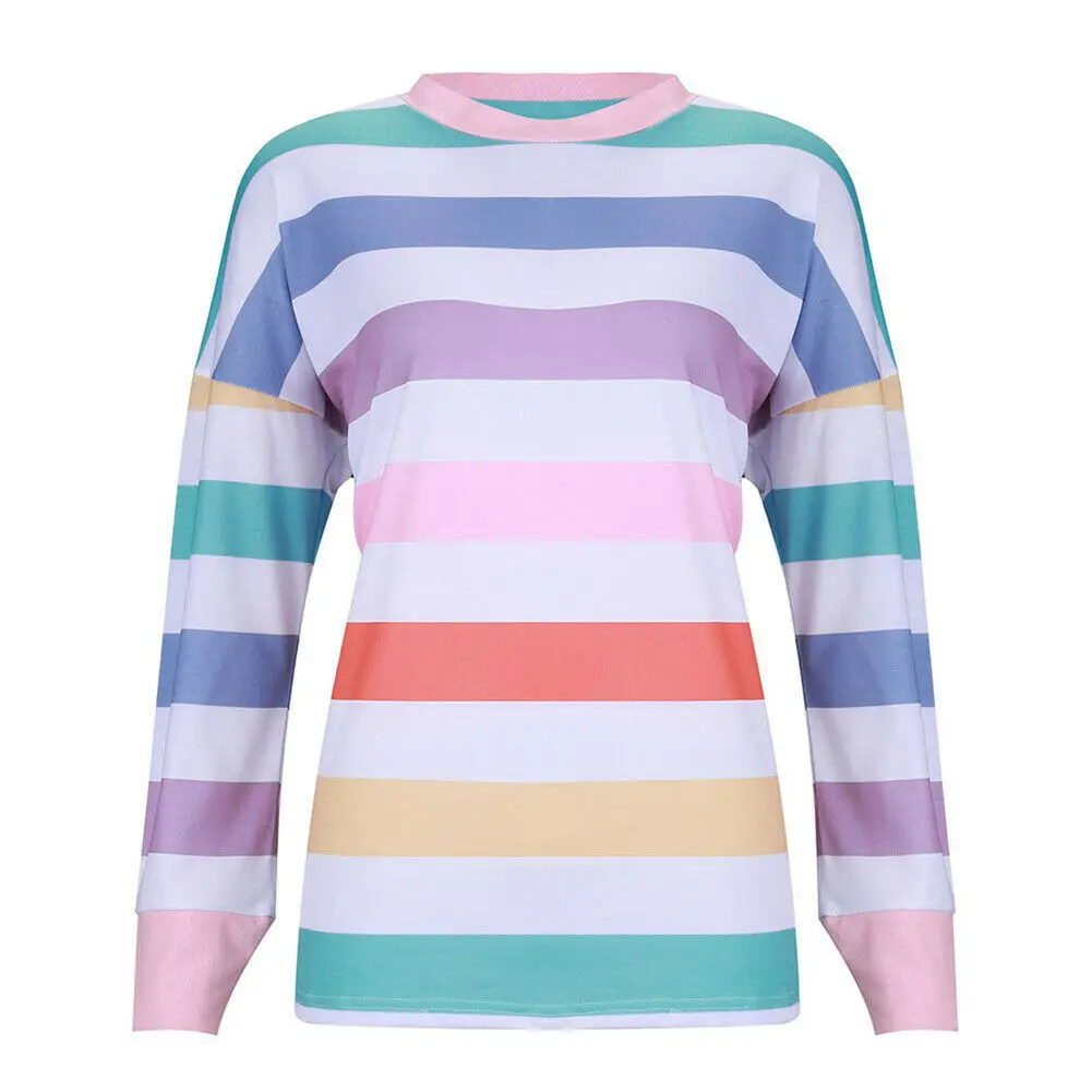 Harajuku Ženy Príležitostné O-krku Rainbow Prúžok T-shirt 2020 Farebné Streetwear Žena Jar Jeseň Long Sleeve Tee Tričko Topy