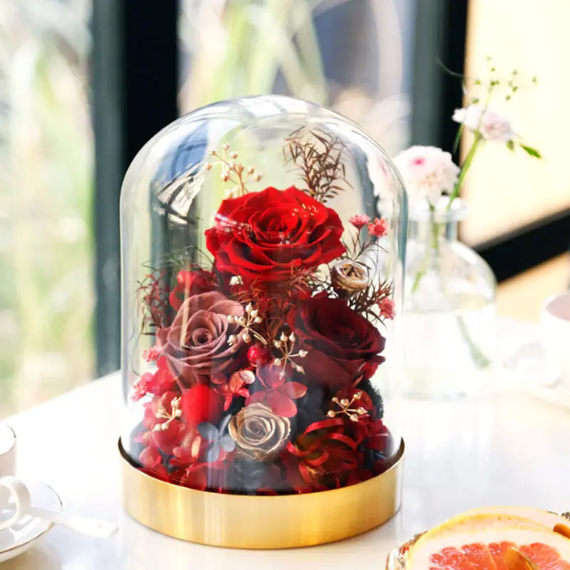 High-grade Umelé Kvety Konzervované Čerstvé Ruže, Kvety LED Sklenený Kryt Valentine Vianočné Matky Dní Svadobné Dary