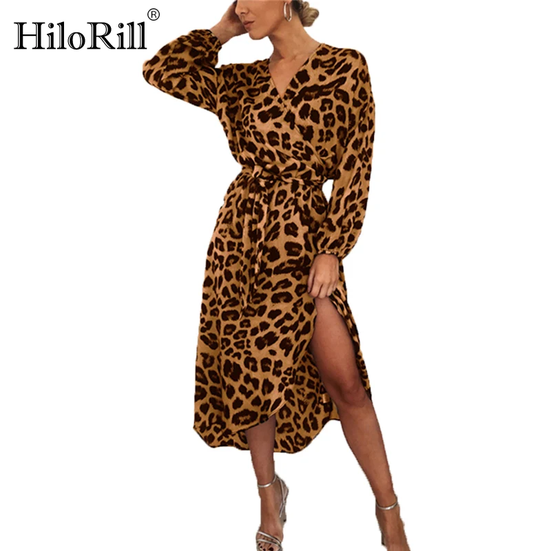 HiloRill Sexy Leopard Šaty Žien Dlhý Rukáv Jeseň Dlhé Šaty Bežné A-Riadok Tvaru Vintage Split Zábal Party Šaty Župan Femme