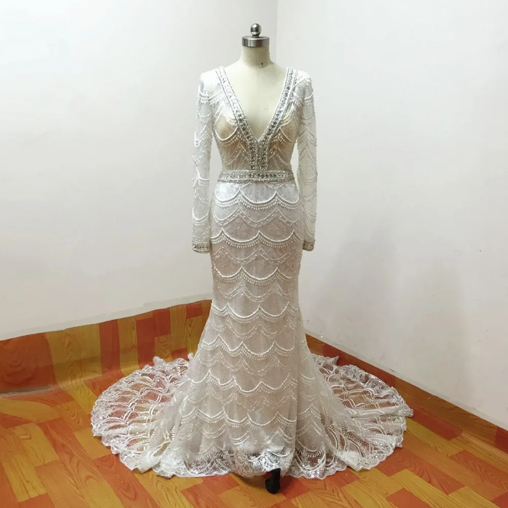Hlboký V-Neck Black Čipky Svadobné Šaty Dlhé Rukávy 2020 Biela Morská víla Svadobné Šaty kvalitné vestidos elegantes para mujer