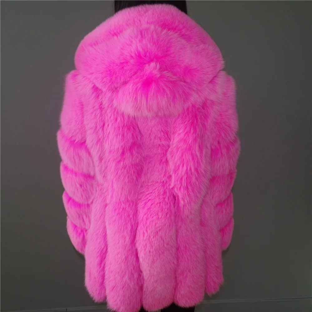 Hot Pink Fox Kožušiny Vertikálne pruhy patchwork kožené stripe hooded kabát outwear dlhý rukáv bunda zimná vetrovka 3Xl,4XL,5Xl,6XL
