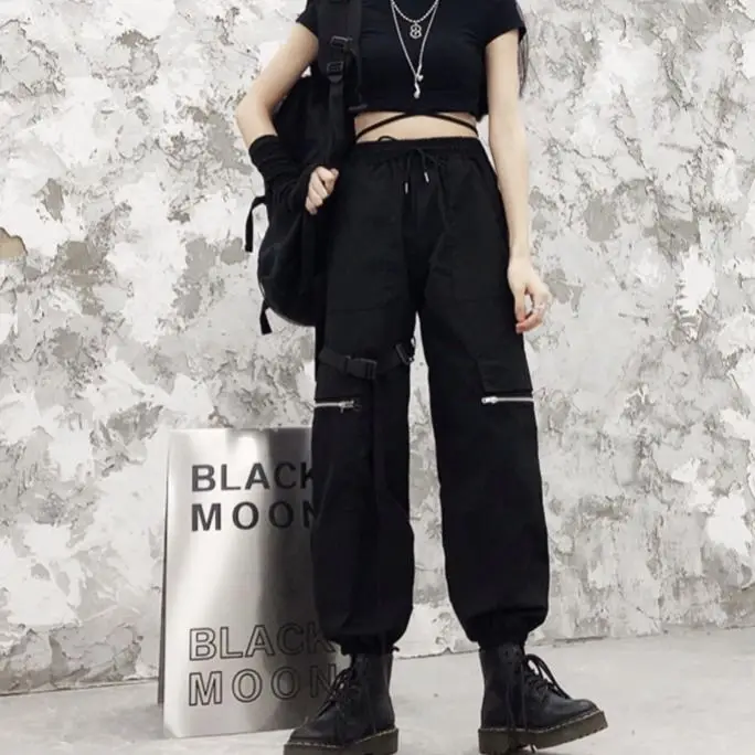 HOUZHOU kórejský Tepláky Ženy Jeseň 2020 Módne Vysoký Pás Joggers Ženy Voľné Páse s nástrojmi Cargo Nohavice Streetwear Čierne Nohavice