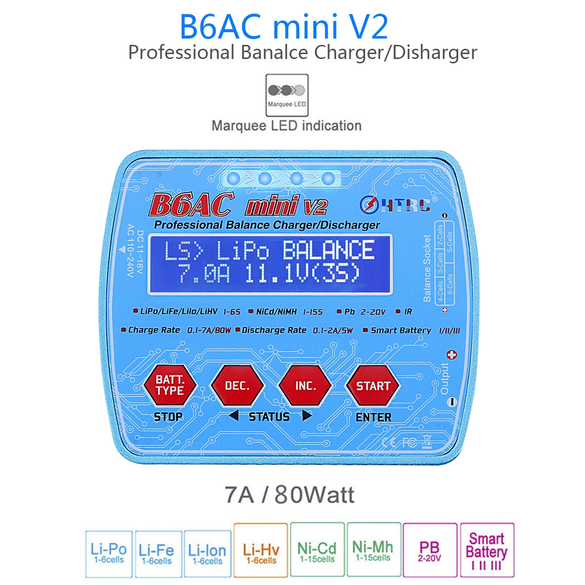 HTRC Nabíjačka iMax B6AC Mini V2 80W 7A Digital Pocket RC Rovnováhu Lipo Lihv LiIon Život NiCd NiMH Batérie Discharger