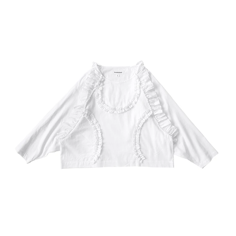 Imakokoni biele čipky hore originálny dizajn wild farbou krátkom úseku dlhým rukávom T-shirt žena jeseň oddiel 182378
