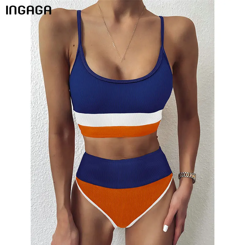 INGAGA Vysoký Pás Plavky Bikiny Žien Push Up Plavky s Rebrovaný Spojov Bikini Set plavky Ženy 2021 Biquini Plávať Oblek