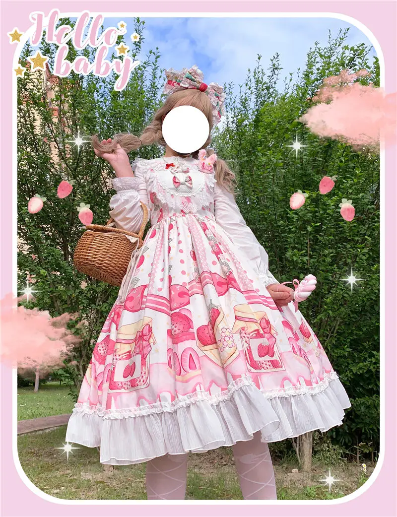Japonský Harajuku Gothic Lolita Podväzkové Popruh Šaty Sweet Strawberry Cake Tlač Mäkké Dievča Roztomilý Čela Cosplay Volánikmi Šaty