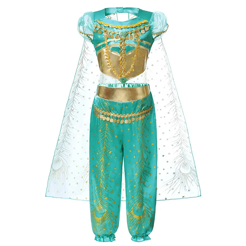 Jasmine Aladdin Šaty, Šaty Pre Dievčatá Páva Tlač Plášť Arabian Princess Cosplay Sari Vyhovuje Indickej Sady Deti Zelená Saree