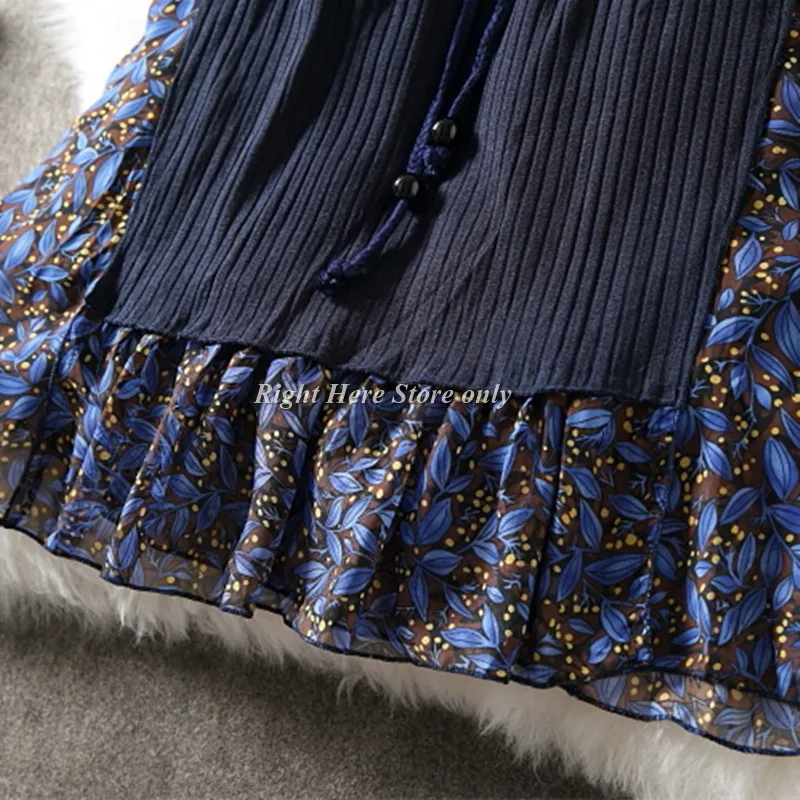 Jesenné Zimné Šaty 2020 Ženy Elegantné Modré Kvetinový Tlač Dlhý Rukáv, Dlhé Midi Pletený Sveter Šaty High Street Office Pani Jar