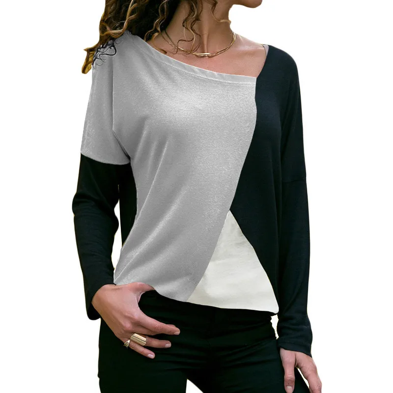 Jeseň 2020 Ženy Dlhý Rukáv T-Shirt Módne Patchwork Farebný Blok Tričko Bavlna Príležitostné Voľné Topy Elegantné Dámy Office T-Shirt