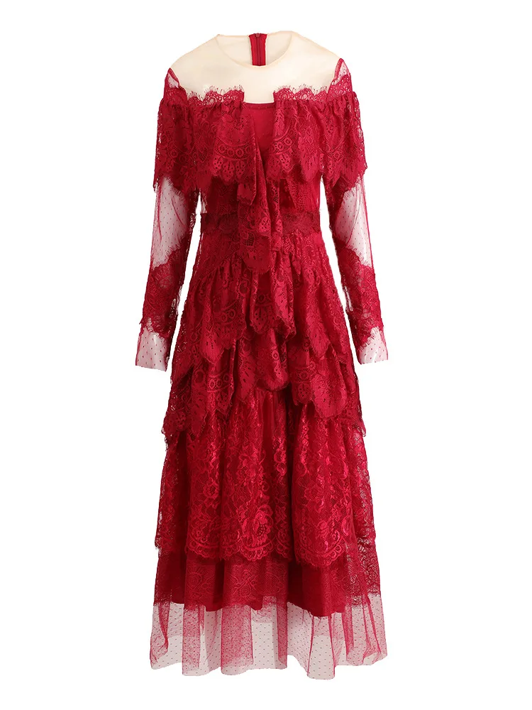 Jeseň fashion debutante Sexy Oka golier patchwork čipky dlhý rukáv pás sladké červené šaty