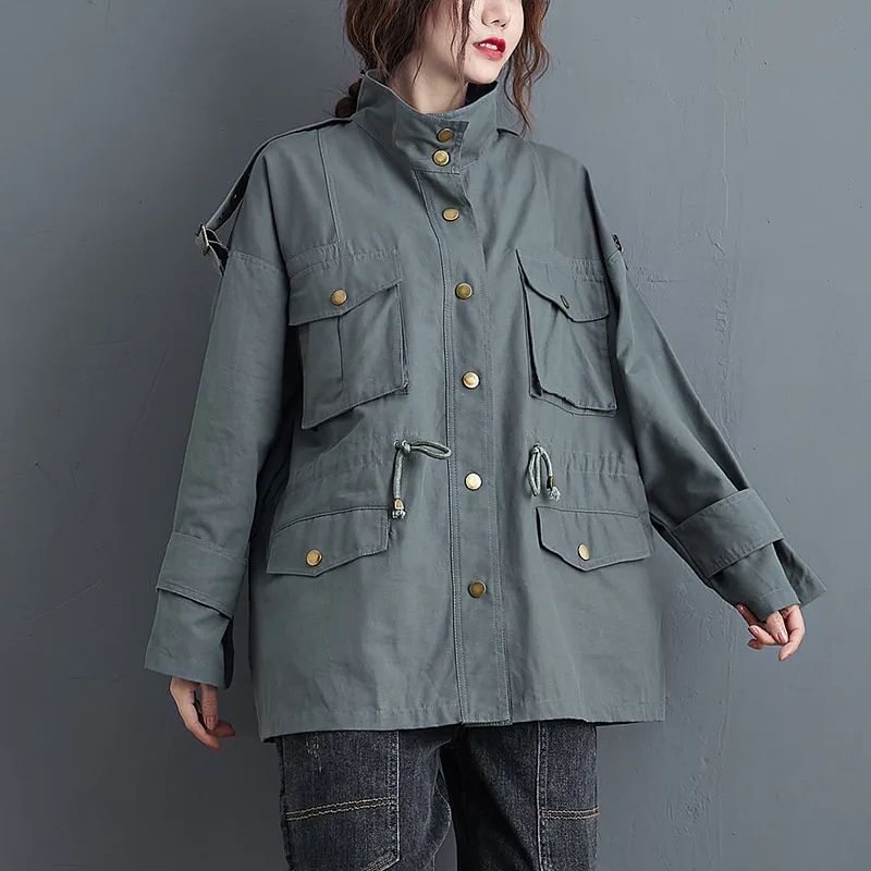Jeseň Kórea Štýle Army Zelená Bunda Ženy Dlhý Rukáv Plus Veľkosť Bežné Ulici Outwear