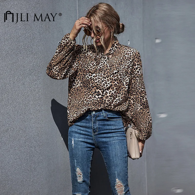 JLI MÔŽU Ženy Leopard Košele Jeseň O-Krku Svietidla Rukáv Príležitostné Voľné Blúzky Streetwear