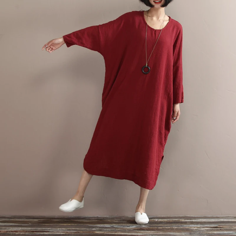 Johnature 2020 Jeseň Nové Bavlnená Posteľná Bielizeň Šaty Bat Rukáv Nepravidelný Vintage Šaty Plus Veľkosti Ženy Oblečenie Bežné Krátke Šaty