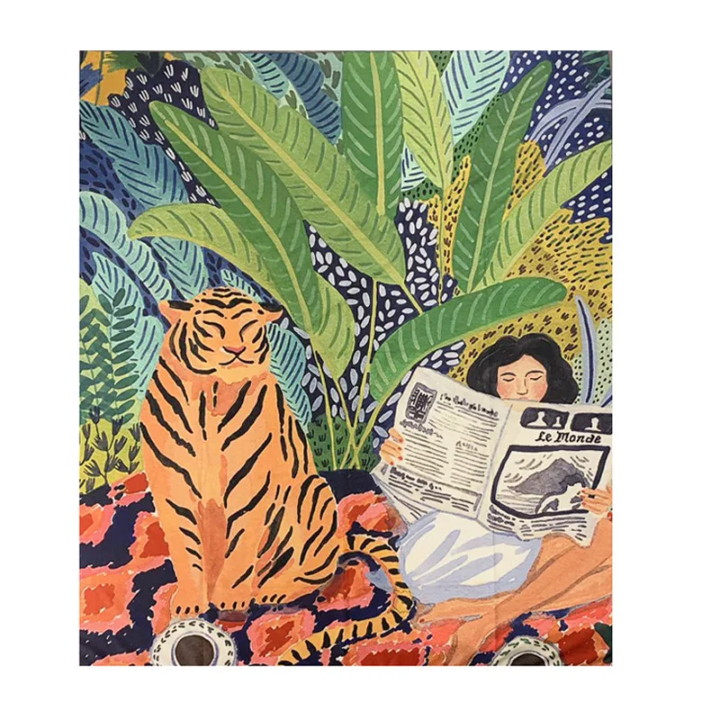 Jungle Tiger a dievča Gobelín Stene Visí Dekor Rôznych štýlov Psychedelic Abstraktné Koberec Handričkou Tapisérie