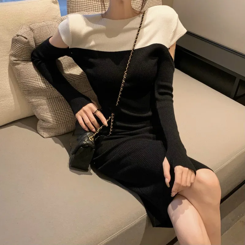 Kimutomo Módne Pletené Šaty Žien Jeseň Zima Kórejský Elegantné Duté Z Black Patchwork Slim Fit Bodycon Vestidos Mujer