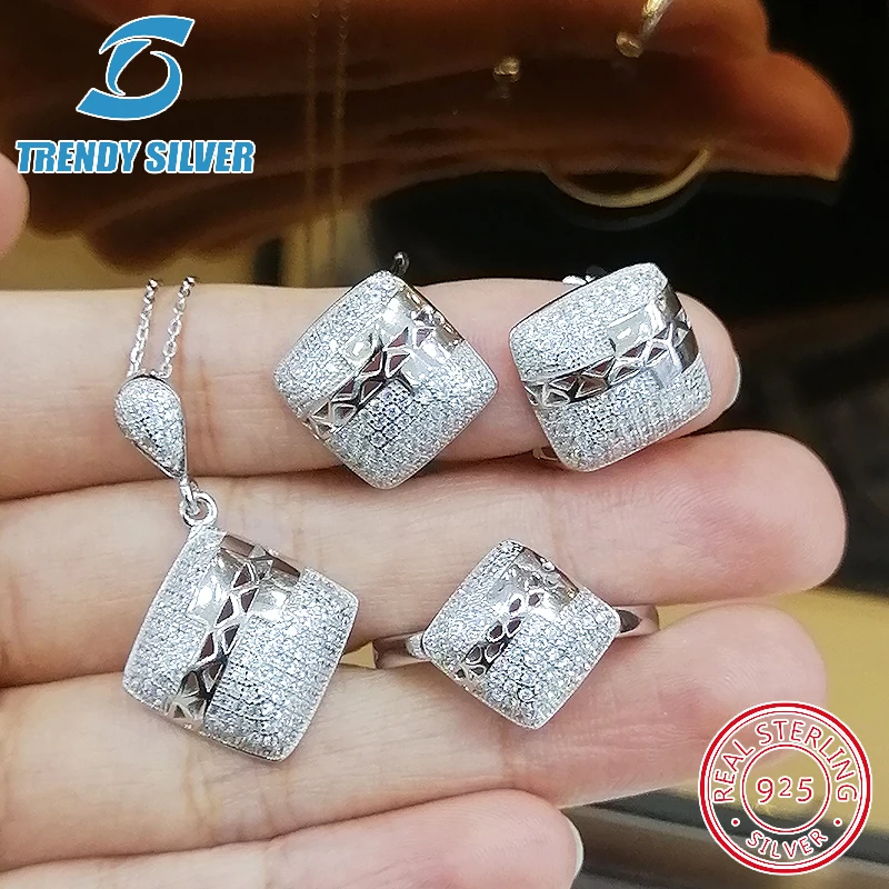 Kompletné čistý 925 sterling silver zirconia jasné, CZ luxusné šperky nastavovací krúžok náušnice pre ženu prívesok náhrdelník moderný dizajn