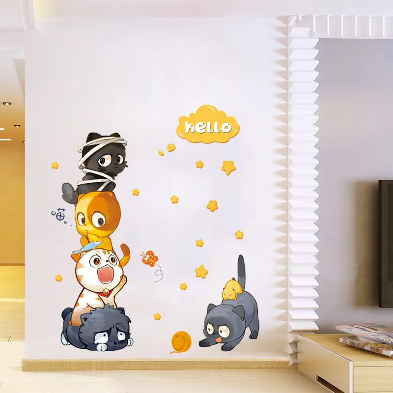 Kreslených Mačka Samolepky na Stenu Päť Roztomilé Mačky DIY Wall Art Obtlačky Dekorácie pre Deti Izby Chlapcov, Dievčatá, Deti, Spálňa Domova