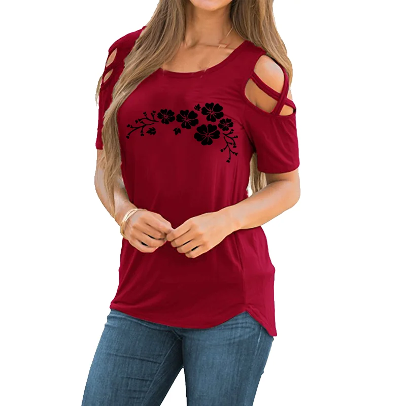 Krásne Kvety Tlače Ženy Bavlna Bežné T-shirt Holič Tees Lete Krátky Rukáv O-krku Ženy perforované ramenný tričká