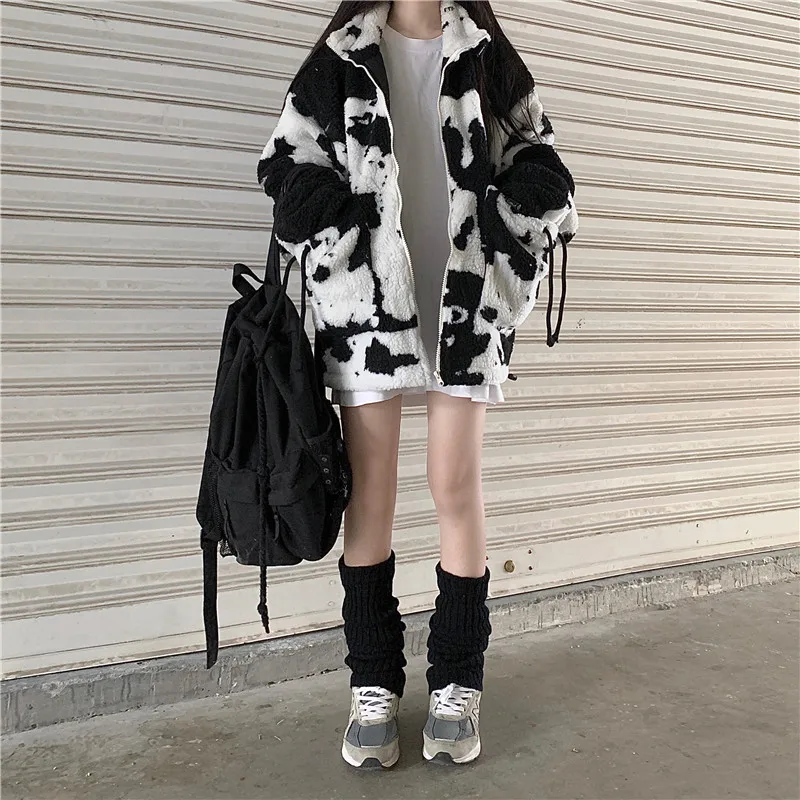 Kórejský Zimné Nový Kabát Harajuku Štýl Kravy Tlač Voľné Celý Rukáv Ovčej Vlny Bunda Vintage Udržať V Teple Zahustiť Bavlnené Oblečenie