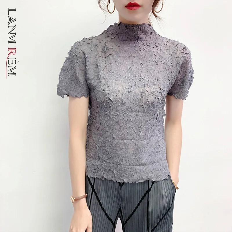 LANMREM vysokej qualty pelated topy pre ženy 2020 lete nové módne krátky rukáv pol Turtleneck tenké elastické tričko famaleYJ762