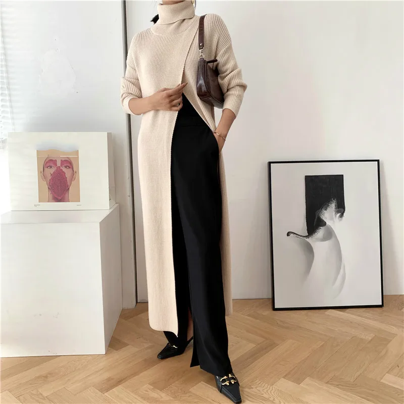 LANMREM žien dlho turtleneck sveter dizajn pulóver základne s split fit dlhý rukáv 2020 nové kintted oblečenie famale YJ968