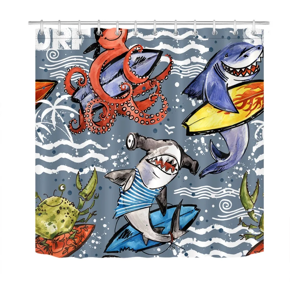 LB Krabov A Rýb, Surfovanie na Mori Sprchový Záves Anime Extra Dlhé Kúpeľňa Nepremokavé Polyesterové Tkaniny Pre Deti Vaňou Dekor