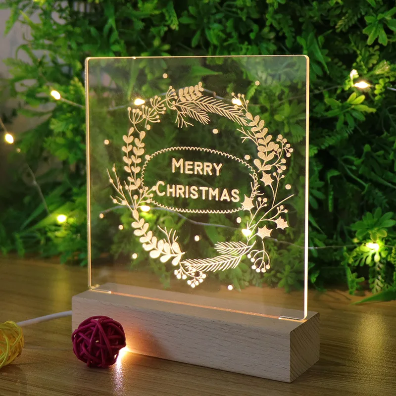LED 3D Vianočná Noc Svetla USB Jeleň Veniec Santa Claus Noc Lampa Spálni Drevené Stolové Lampy Deti Deti Priateľ Narodeniny Darček