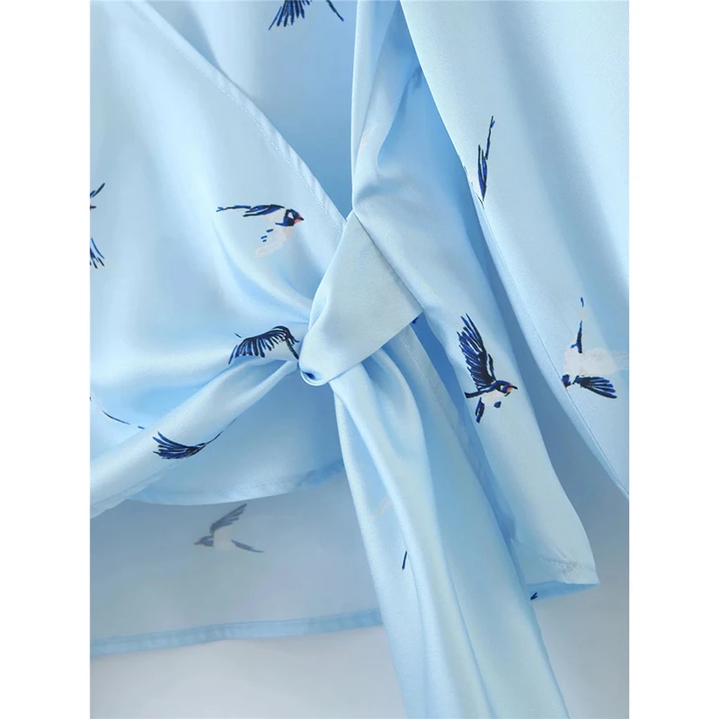 Letné módy bird tlač za žien modrá blúzka chic lady tvaru luku čipky dlhý rukáv bežné tričko topy blusas mujer 2020